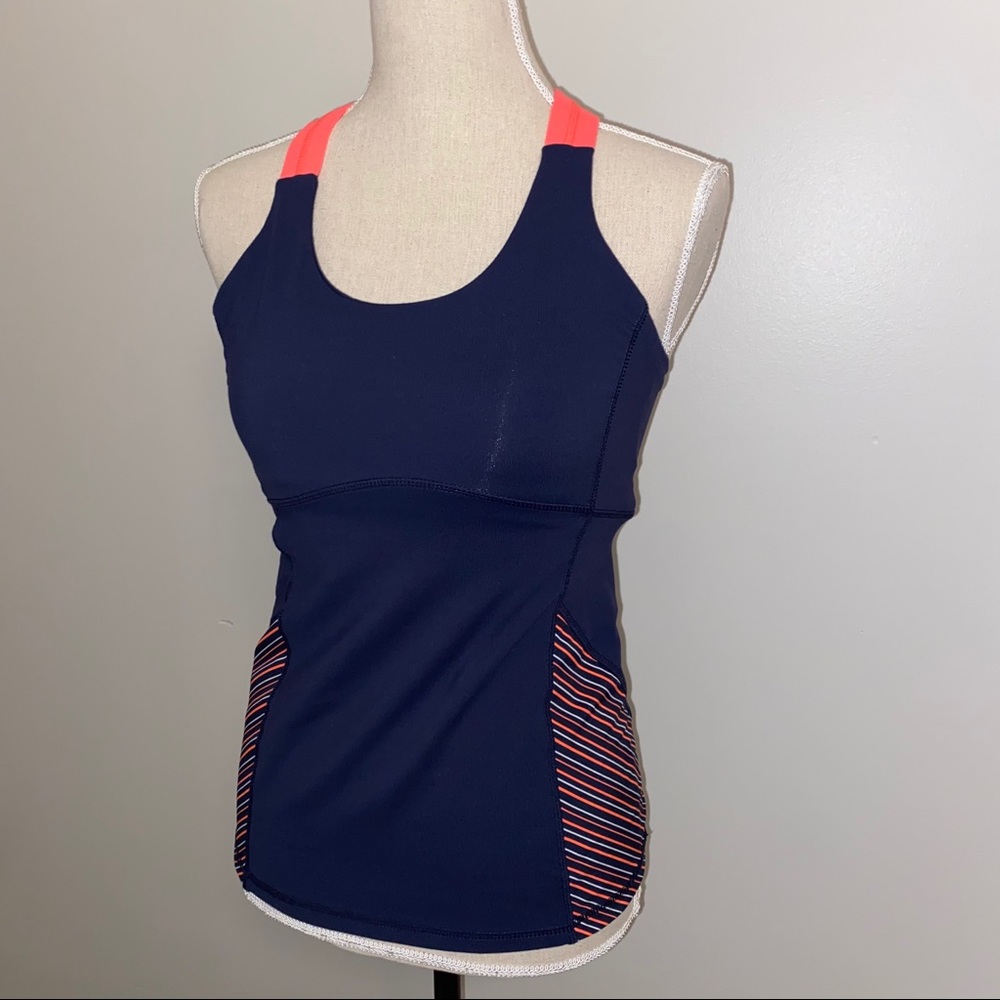 Kyodan racerback tank w/ built in bra navy blue & neon orange size XS